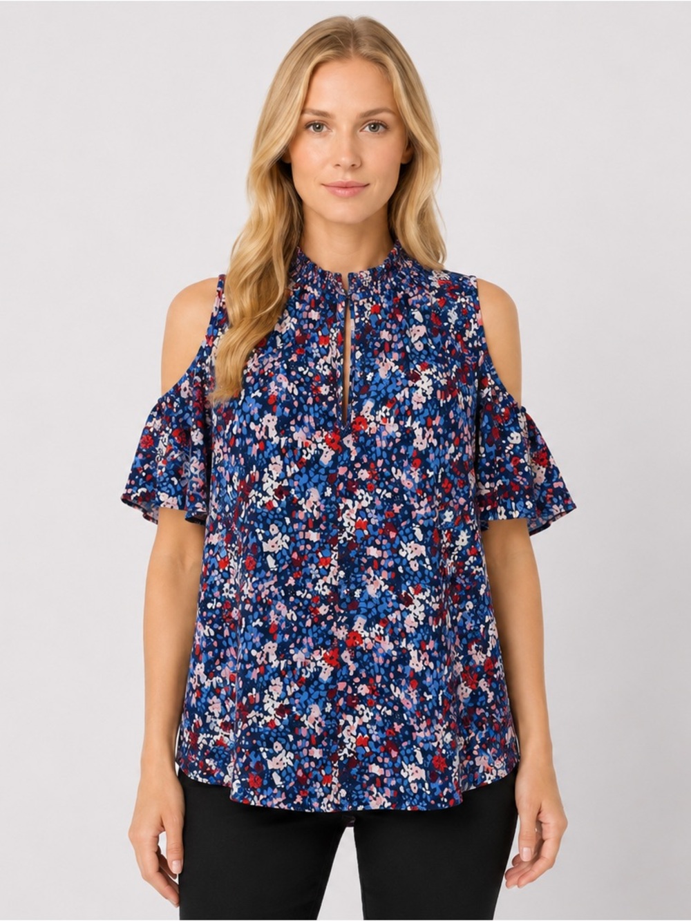 Dalia Cold Shoulder Blue and Red Floral Flutter Sleeve Flowy Blouse Size Large